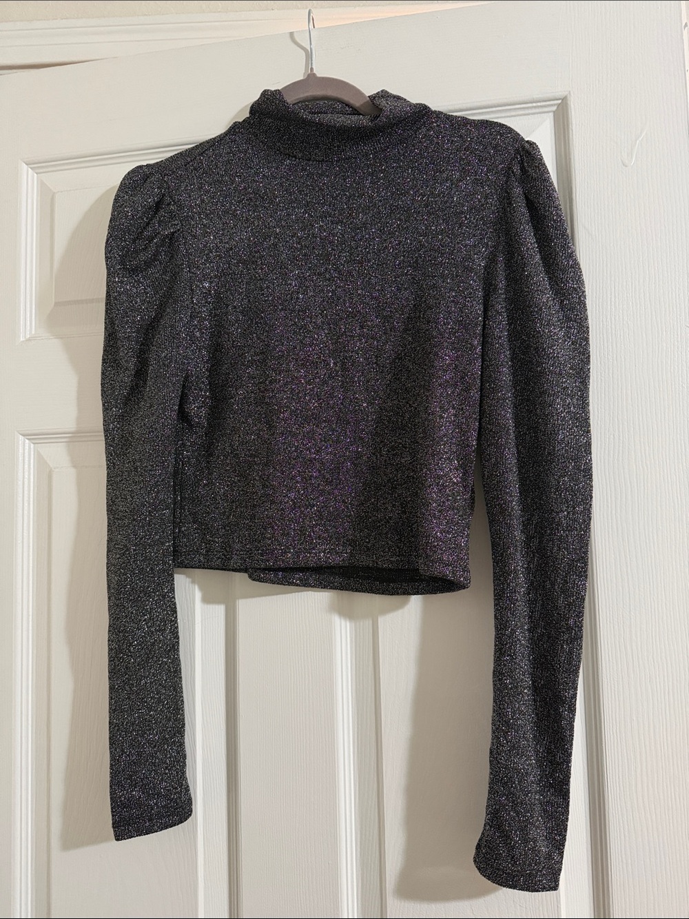 Shimmery Black Long-Sleeve Mock Neck Crop Top